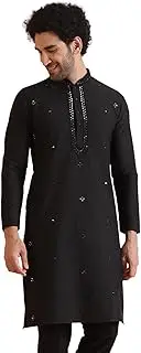 [KISAH] Cotton Black Kurta For Men, Full Sleaves, Knee Length, Mandarin Collar, Geometric Embroidered Mirror Work Ethnic wear
