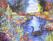 Printed Needlepoint Tapestry Canvas "Black Swans" 11871