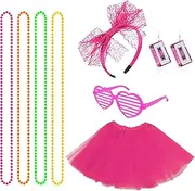 SAIIURV 8 Pcs 80s Fancy Dress for Women Girls, 1980s Fancy Party Costume Accessories Set, Retro Fancy Dress with Tutu Skirt Glasses Earrings Necklace Headband for 80s Party, Dress up Day