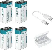Rechargeable 9V Batteries, High Capacity 1200mAh(10800mWh) Long Lasting Power, 1.5 Hrs Fast Charging, LED Indicator, USB Recharge with Cable for Smoke Alarms, Multimeters, Remote Controller (4Pcs)