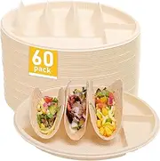 60 Pack Disposable Taco Plates With Dipping Sides, Biodegradable Cornstarch Taco Holder for Party, Large Size Fit for 6-8 Inch Large Tortilla, Microwave Safe