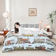 Train Duvet Cover Set Queen Size,Cartoon Choochoo Steam Engine Train Bedding Set,Boys Girls Room Decor,Railway Transportation Vehicle Comforter Cover,Blue boho Quilt Cover,2 Pillowcases(No Comforter)