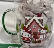 Hello Kitty Clear Glass Christmas Mug Gingerbread House Snowman Glitter Handle