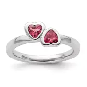 Sterling Silver Stackable Expressions Pink Tourmaline Double Heart Ring Size 9