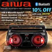 Aiwa Portable Bluetooth Party Speaker Boombox LED Lights USB FM Radio Remote EQ