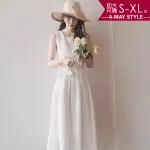 加大碼 連身裙 素雅蕾絲無袖朵結雪紡洋裝(S-XL)