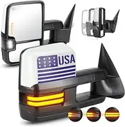 Flag Heated Towing Mirrors Fit for 2007-2013 Chevy GMC Avalanche Silverado Tahoe Sierra Yukon 1500 3500HD, 08-2013 Silverado Suburban 2500, with Turn Signal Running Light Manual Folding Telescoping