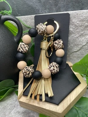 7" Handmade Silicone Bead Leather Tassel Keychain Purse Wristlet B2559