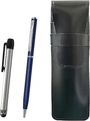 Slim Cowhide Leather Pen Case Black Metal Touch Stick Silver and Slim Swivel Ballpoint Pen Set Blue ASB-ALST-PD04-L