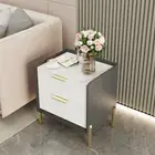 Nightstand with 2 Drawers Gold Metal Leg Marble Tabletop Bedside Table Sofa Side