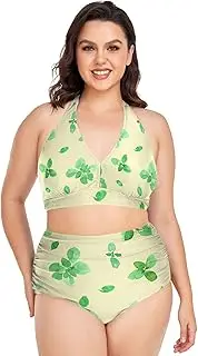 [Caihoyu] Big Size Women's Two-Piecing Swimming Costume Tummy Control Bathing Suits High Waisted Bikini Swimwear Paisley Pattern L