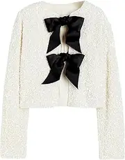 [HYLLGUD] Women Tie-Front Sequined Jacket Long Sleeve Sparkling Cropped Top with Bow Party Concert Night