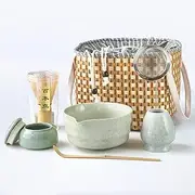 Matcha Whisk Set Portables, 7 Pcs Matcha Making Kit with Handwoven Rattan Pouch, Ceramic Match Bowl with Spout and Whisk, Tea Powder Jar, Holder, Bamboo Scoop, Sifter, Matcha Starter Kit
