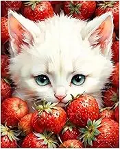 TAOPAOLAB Cute Cat Paint by Numbers Kit for Adults - DIY White Kitten in Strawberries Painting on Canvas 16x20 Inches, Acrylic Paint Set, Suitable for Beginners, Cute Art for Home Decoration or Gifts