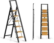 [Soladder] 6 Step Ladder for 12 Ft High Ceiling, Folding Step Stool with Handgrip & Anti-Slip Wide Pedal, Portable Aluminum Stepladder for Kitchen, Home (300 lbs Capacity) - Black+Wood Grain