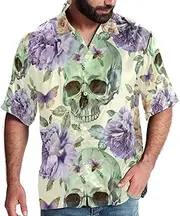 [KQNZT] Hawaiian Shirt for Men, Short Sleeve Button Down Men, Big and Tall Hawaiian Shirts for Men, Rose Flower Skull Vintage Art Floral