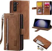 [Furiet] for Samsung Galaxy S23 5G Wallet Case Retro 9 Card Holder Zipper Pocket Case Leather Magnetic Closure Kickstand with Wrist Strap Phone Cover for S 23 23S GS23 G5 SM-S911U 6.1 inch Women Brown
