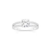 Silver Pave Round Cz Split Solitaire Ring Size R in Clear