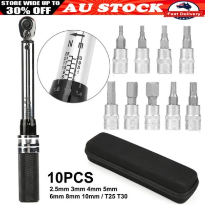 10Pcs 1/4" 1-25Nm Bicycle Bike Torque Wrench Socket Tool Adjustable Reversible