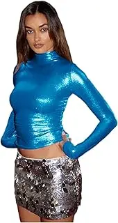 [ZGMYC] Women's Shiny Metallic Short Sleeve T Shirt Sexy Mock Neck Slim Crop Top Party Disco Club Tees
