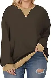 [VOGRACE] Womens-Plus-Size-Sweatshirts Casual Oversized Pullover Tops Crewneck Long Sleeve Color Block Tunic Outfits
