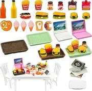 30 Pcs Miniature Food Drinks Laptop Computer Books Toys Dollhouse Miniature Furniture Plastic Table Fits Barbie Doll Accessories Scale Dollhouse Playsets Girl Mini Drink Food Party