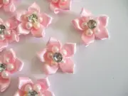 OFFRAY PINK SATIN RIBBON FLOWER WITH PEARLS DIAMONDS - 3/4 INCH - 14 PIECE
