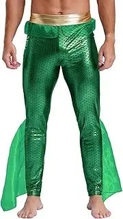 [FEESHOW] Men's Mermaid-Pants Metallic Leggings with Tulle Decoration Shiny Fish Scale Dance Leggings High Waist Pantyhose Training Pants