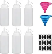 Eidoct Sauce Squeeze Bottle with Cap 6Pcs Squeeze Squirt Condiment Bottles Dispensing Bottles 250Ml Squeeze Bottle Dispenser for Sauce Paint Seasoning Ketchup Olive Oil BBQ, with Funnel & Label