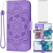 Asuwish Compatible with Samsung Galaxy S20 Plus Glaxay S20+ 5G Wallet Case Tempered Glass Screen Protector Flip Card Holder Cell Phone Cover for Gaxaly S20+5G S20plus 20S + S 20 20+ G5 Women Purple