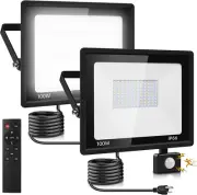 2 Pack 100W Led Flood Lights Outdoor Motion Sensor 10000Lm 6500K Security Lights
