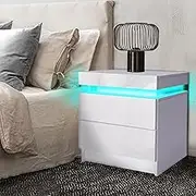 LEVEDE LED Nightstand Bedside Table with 2 Drawers, End Table, Home Storage Cabinet Organizer, Chest of Drawers for Bedroom, Living Room, Hallway, Office(45x35x52m, White)