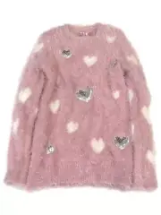 Girls Fuzzy Plush Pink & Silver Sequin Heart Print Sweater X-Large (14-16)