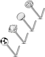 [OUFER Body Piercing] Nose Stud Titanium L-Shaped Nose Piercing Jewellery 22G Nose Bar 4 Pieces 1.5 mm 2 mm 2.5 mm 3 mm Tiny Nose Bone Pin Sets Nostril Piercing Jewellery
