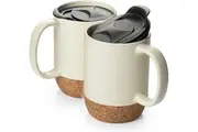 Coffee Mugs Set of 2, Ceramic Mug with Cork Bottom and Splash Proof Lid, Large Coffee Mug with Handle for Coffee Tea Latte, Gifts for Parents, Beige