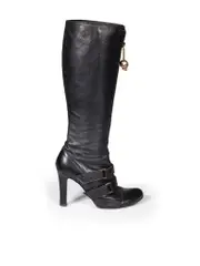 Black Leather Skull Charm Strap Detail Long Boots
