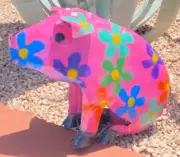 Metal Pink Pig with Flowers Yard Art Garden Decor