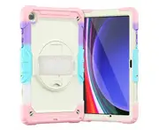 For New Samsung Galaxy Tab A9+ 11" 2023 SM-X210 / X215 Kickstand Survivor Case Built-in Screen Protector Cover - Rainbow+ Pink