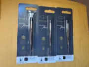 NEW GENUINE Parker Quink Flow Ball Point Pen Refill Black Ink FINE 3 PK FRANCE