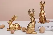 [WONDROUS' DECO] Resin Bright Gold Easter Bunny Figurines, Small Decorative Easter Bunny Statue Set of 3, Vintage Easter Rabbit Table Home Decoration, Gift