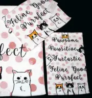 2 Kassafina Funny Varied Cats Pink Polka Dots Black Script Fingertip Towels NWT