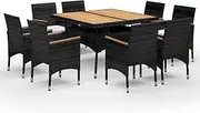 vidaXL 9-Piece Outdoor Dining Set- Scandinavian Style Black Poly Rattan and Acacia Wood with Cream Cushions- Ideal for Garden Gatherings