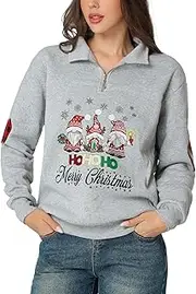 [Glimnerize] Womens Christmas Hoodie Christmas Gnome Print Sweatshirt 1/4 Zip Standing Collar Funny Graphic Xmas Jumper Long Sleeve S-XXL, Grey-a5, XL