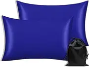 QIYUE Satin Silk Pillowcases x2 Pack Queen Size Pillow Cases Set of 2, Super Soft and Cooling Pillow Case with Zipper/EnvelopeClosure (Blue, Queen (U.S. Standard)-Zipper)
