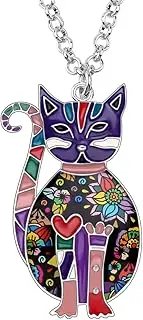 [DUOWEI] Cute 6 Colors Sitting Cat Necklace Unique Floral Enamel Cat Pendant Jewelry for Women Girls Kids Gifts 18'' Stainless-Steel Chain