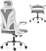 HOLLUDLE Ergonomic Office Chair with Foldable Backrest, Computer Desk Chair with Flip-up Armrests, Mesh Lumbar Support and 2D Headrest Big and Tall Office Chair, White