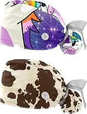 [WOSHJIUK] Working Hat 2 Pack Scrub Caps for Women,Animal Unicorn Floral Flower Leaves,Tie Back Cap Adjustable Scrub Hat