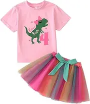 [SOFEON] Toddler Baby Girl Birthday Cake Smash Outfit T-Rex Dinosaur Short Sleeve T-Shirt Colourful Tutu Skirt Set 1-6Y(Pink-4t,4T(110)), Multicolor-4t