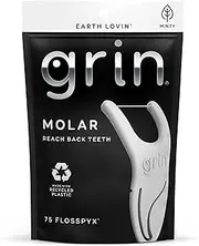 GRIN Molar Flosspyx, Floss Picks, 75 Count, Dental Flossers, Minty Flavor, Recycled Plastic, Great for Reaching Back Teeth, Slide Easily Between Teeth, Includes Safe Soft Fold-Back Tooth Pick