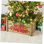 Glitzhome 27" L Wooden Crate Tree Collar, 27"l Natural "Merry Christmas"